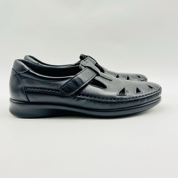 SAS Shoes Womens 7 Black Leather Mary Jane T Strap Comfort Roamer Moccasins Flat - Picture 1 of 13